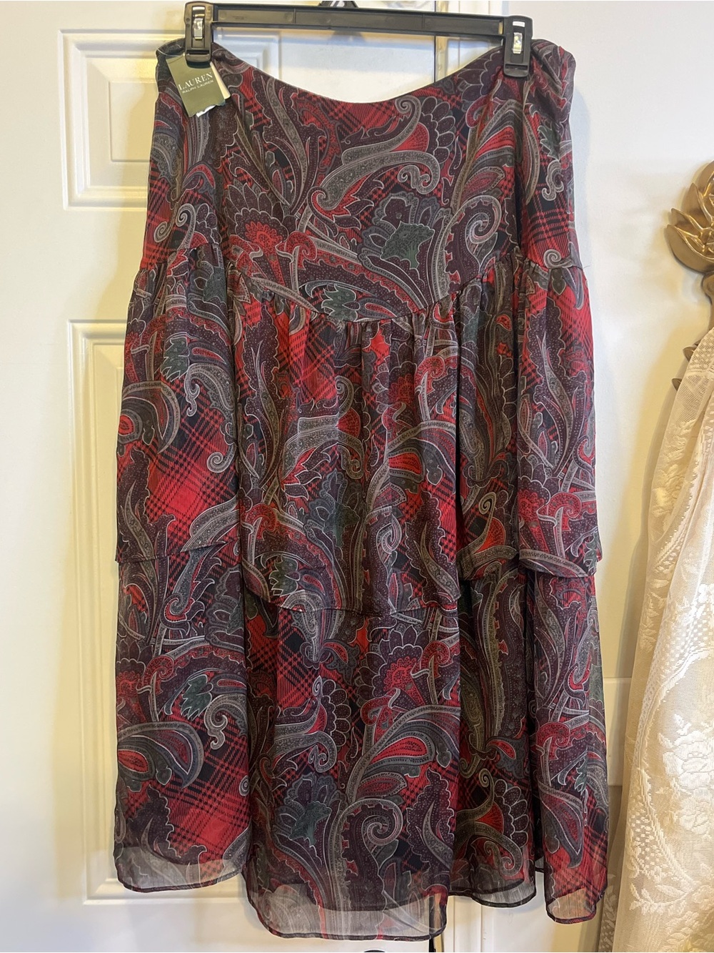 Lauren Ralph Lauren Dark Academia Paisley Tiered Chiffon Midi Skirt 14W